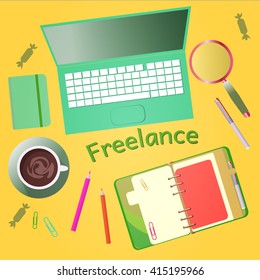 Freelancer desktop with notebook, laptop, coffee. Vector illustration