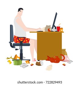 Freelancer and dirty work table. filthy workplace. Remote work at home. Garbage and sticks. Cat. Vector illustration