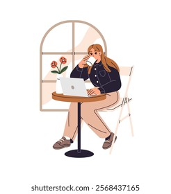 Freelancer distance works with laptop from cafe. Employee sits at the table, drinks coffee and typing, chats in computer. Online education, remote office. Flat isolated vector illustration on white