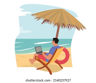 Freelancer or Distant Employee Work on Summer Vacation. Businessman Character in Summer Sit on Daybed under Straw Umbrella on Exotic Tropical Beach Working on Laptop. Cartoon Vector Illustration