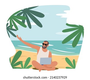 Freelancer or Distant Employee Work on Beach, Freedom Concept. Businessman Character in Summer Wear Sitting with Laptop on Exotic Tropical Seaside Working Distantly. Cartoon People Vector Illustration