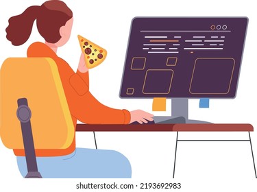 Freelancer eating at computer desk. Office meal isolated on white background