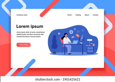 Freelancer emailing at night. Woman working at laptop, sending and receiving letters flat vector illustration. Freelance, time management concept for banner, website design or landing web page