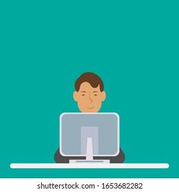 Freelancer or employee working on a computer vector illustration. adult man sitting in front of a screen isolated on green background. 