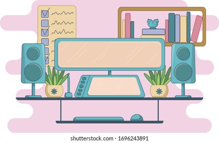 Freelancer empty home workplace. Freelance work concept. Vector flat cartoon graphic design illustration