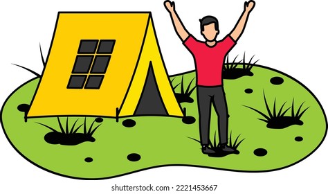 Freelancer enjoying the nature vector icon design, Outdoor weekend Activity symbol, Tourist Holidays Scene Sign, Happy people at Vacation stock illustration, Excited Man standing near Cabin Concept