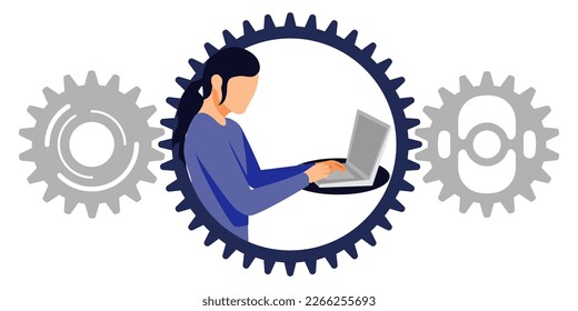 Freelancer female character working on gear workspace with laptop gear avatar isolated on white background