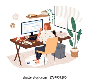 Freelancer female eat junk food working use computer vector flat illustration. Woman sit on desk eating snack feeling stress from remotely work isolated on white. Home office problems
