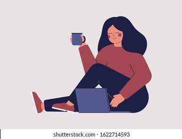 Freelancer female employee works in comfortable conditions at home. Teenage girl is using her laptop to communicate with friends in social media and search for information on the Internet. Vector