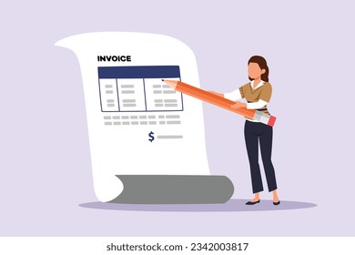 Freelancer filling invoice, distance job payroll, money transfer online, remote work payment, get salary on bank account concept. Colored flat vector illustration isolated. 