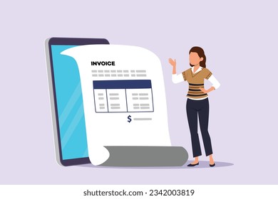 Freelancer filling invoice, distance job payroll, money transfer online, remote work payment, get salary on bank account concept. Colored flat vector illustration isolated. 