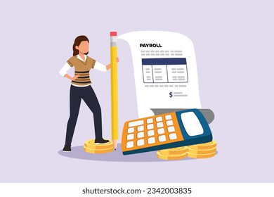 Freelancer filling invoice, distance job payroll, money transfer online, remote work payment, get salary on bank account concept. Colored flat vector illustration isolated. 