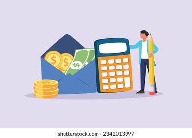Freelancer filling invoice, distance job payroll, money transfer online, remote work payment, get salary on bank account concept. Colored flat vector illustration isolated. 