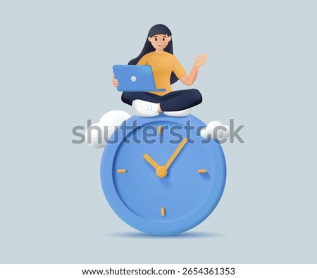 Freelancer with flexible working hours, 3D render vector illustration. Working from home concept, business woman working with laptop while doing yoga or meditation on clock face. Work life balance