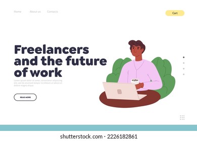 Freelancer future of work concept of landing page with remote worker man sit at laptop computer drink coffee develop web application remotely. Freelance occupation. Flat vector illustration