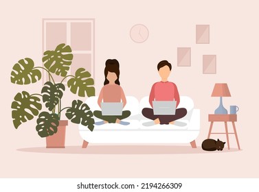 The freelancer girl and boy works at home. Woman and man with laptop. The concept of home education. Remote employee. Cozy living room interior in a flat style. Vector illustration