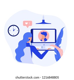 Freelancer girl communicates in a chat with notebook. Modern office interior with work process. Vector illustration.