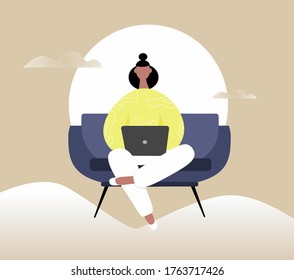 Freelancer girl with a laptop sits on a sofa in the clouds against the background of the sun, order. Remote work, thoughts and fantasies. Training concept. Vector illustration in a flat style.