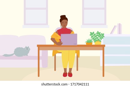 Freelancer girl with laptop at table. Stay work home concept. Stop outbreak and virus spread. Girl studying, drinking coffee. Homeliness with a cat, student cartoon character. Vector illustration