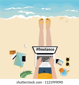 Freelancer girl laying on the beach and typing on laptop. Top view. Hand drawn vector illustration. Freelancer life. Mobile, notebook, camera, pictures and credit cards. Work outside.