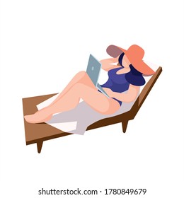 Freelancer girl lies on the beach and works remotely. Combine work and leisure. Summer vacation. Woman in a swimsuit with a laptop. Sunbathe in the sun. Isolated background. Vector illustration.
