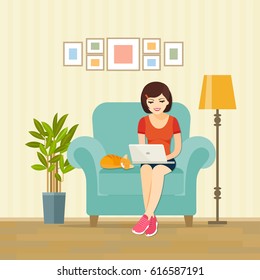 Freelancer girl  with notebook and cat on chair  at home. Vector flat illustration .