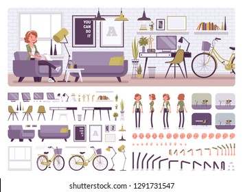 Interior de habitación de chica independiente, kit de creación de oficina en casa, conjunto de espacio de trabajo, muebles, construir su propio diseño con diferentes elementos de pared, de color del suelo. Dibujo gráfico de caricatura de estilo plano