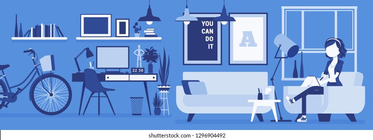 Freelancer girl room interior, home office design. Female freelance worker doing online job, lady earning as independent self-employed person, cozy workspace. Vector illustration, faceless characters