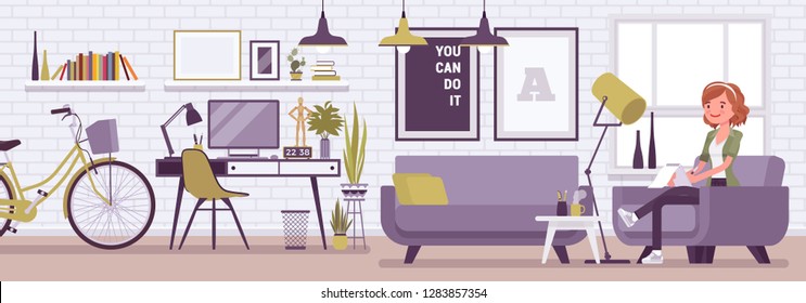 Freelancer girl room interior, modern home office design. Female freelance worker doing online job, young happy lady earning as independent self-employed person, cozy workspace. Vector illustration