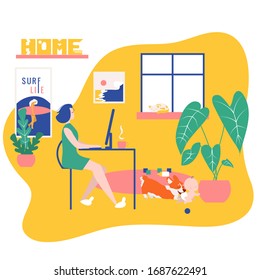 Freelancer girl room interior, modern home office design. Female freelance worker doing online job does not follow the child whom the dog saved. Cozy workspace. Vector illustration