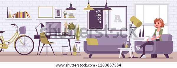 Freelancer Girl Room Interior Modern Home Stock Vector