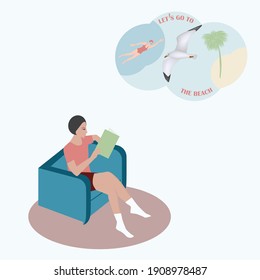 Freelancer, girl, sitting in a chair, thinking about a trip to the sea - vector. Travel planning. Vacation dream.