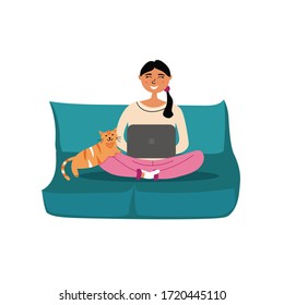 Freelancer girl sitting at a laptop at a remote work with a cat on the couch. Home office coworking. Free work space. Vector editable illustration