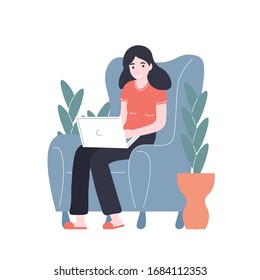 Freelancer girl sitting on armchair at home and work on a laptop at home. Ncov, covid 2019, prevention Coronovirus concept. Novel coronavirus pandemic. Flat vector cartoon modern illustration.