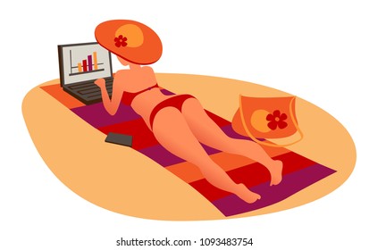 freelancer girl sunbathes on a beach and working on noutbuke