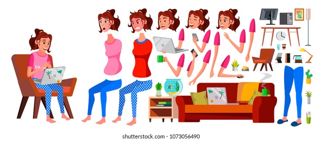 Freelancer Girl Worker Vector. Woman. Smiling Servant, Officer. Home Freelance. Lady Face Emotions, Various Gestures. Animation Creation Set. Isolated Flat Cartoon Character Illustration
