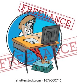 freelancer girl working at a computer sketch