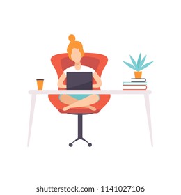 Freelancer girl working at home office with laptop, remote working, freelance concept vector Illustration on a white background