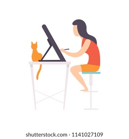 Freelancer girl working at home, remote working, freelance, working at home concept, outsourced employee, web designer vector Illustration