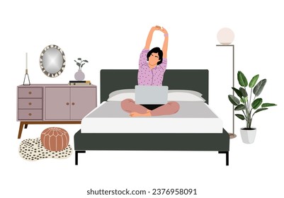 Freelancer girl working on laptop in bedroom.
