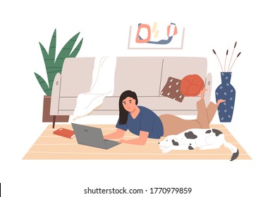 Freelancer girl working remotely lying on floor at cozy living room vector flat illustration. Modern female relaxing with dog use laptop isolated on white. Woman chatting or surfing internet at home