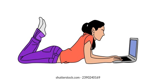 Freelancer girl working remotely lying on floor.