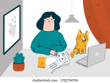 A freelancer girl works in a home office with a pet. Stay at home illustration concept. Digital nomad with laptop in cozy interior. Freelancer designer, illustrator, stocker working, studying at home