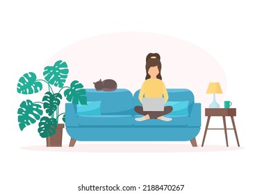 The freelancer girl works at home. Woman with laptop. The concept of home education. Remote employee. Cozy living room interior in a flat style. Vector illustration