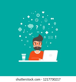 freelancer in glasses on computer with speech bubble. flat vector cartoon illustration on turquoise background. outsourcer on work table with laptop. chatting, home workplace, job online, internet. 