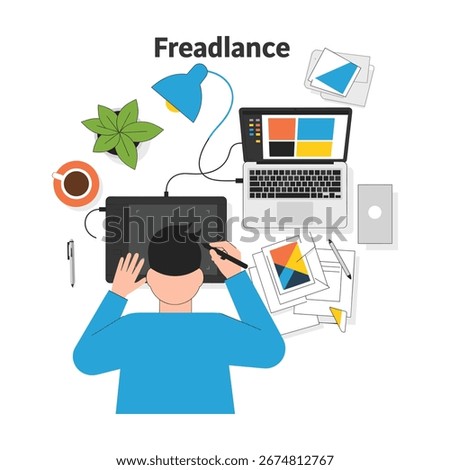 Freelancer graphic designer working on laptop and drawing tablet, flat lay style, vector illustration, creative workspace, modern flat design, productivity, digital art, minimal style.