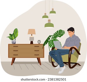 Freelancer guy with laptop sitting on armchair.