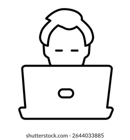 Freelancer guy with laptop thin line icon, remote work concept. Vector graphics. Man, person and computer sign on white background, style mobile or design