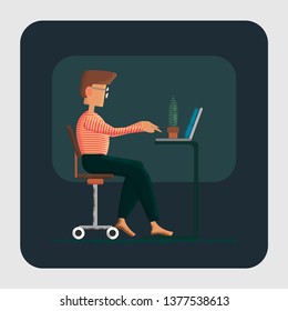 Freelancer guy who work with computer at home. IT programmer vector illustration