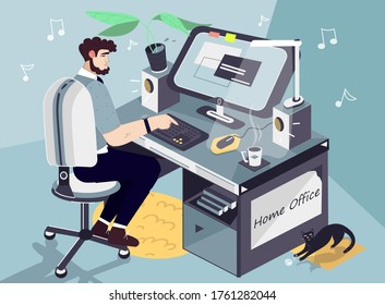 A freelancer guy working at home with pets and plants. Character Sitting at Desk in Room, Looking at Computer Screen and Talking with Colleagues Online. Creative landing web page design template